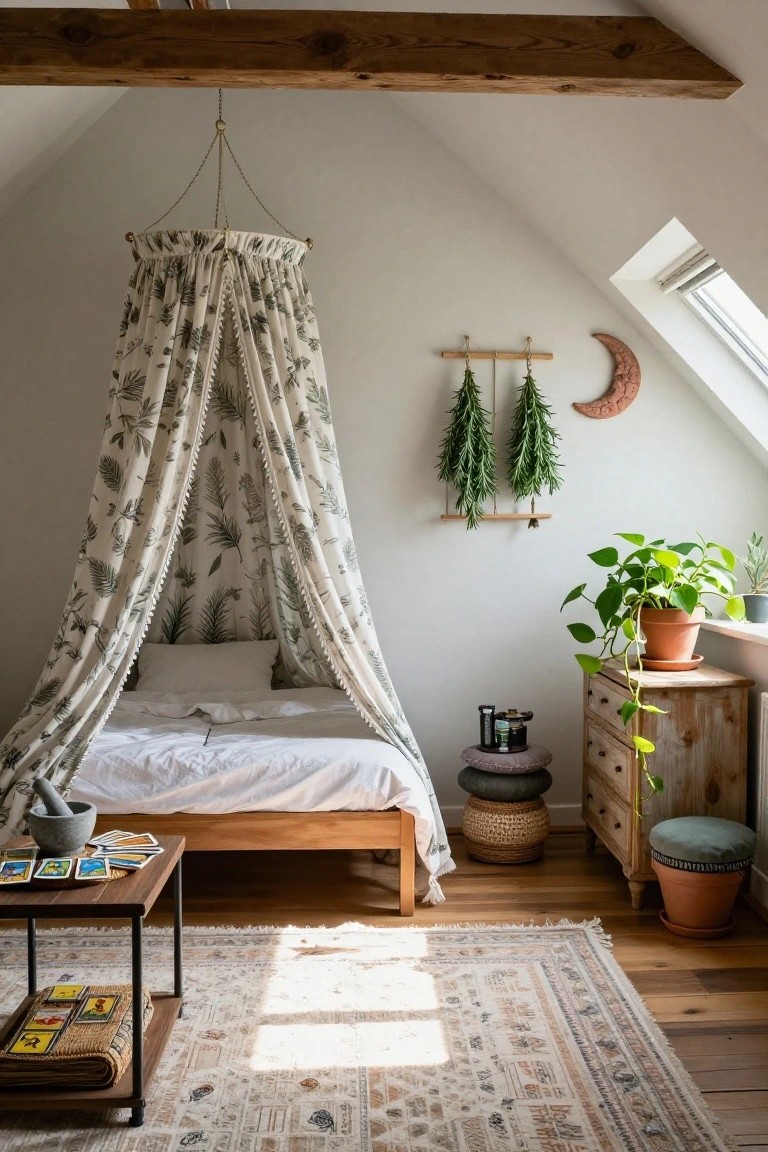 Attic bedroom with a single bed under a sheer canopy printed with green leaves and ferns, hanging dried herbs on a wooden hanger, potted plants, wooden dresser and stool, side table holding tarot cards mortar and pestle, and woven rug on wood floor.