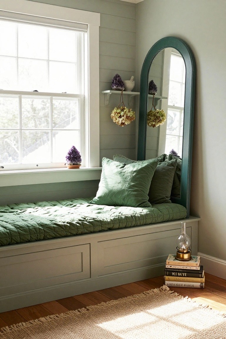 Sage green built-in cushioned bench seat under a multipane window in a light gray room corner, with green pillows, potted purple plants, hanging dried flowers, tall arched green mirror, glass lamp, and stacked books on wood floor.