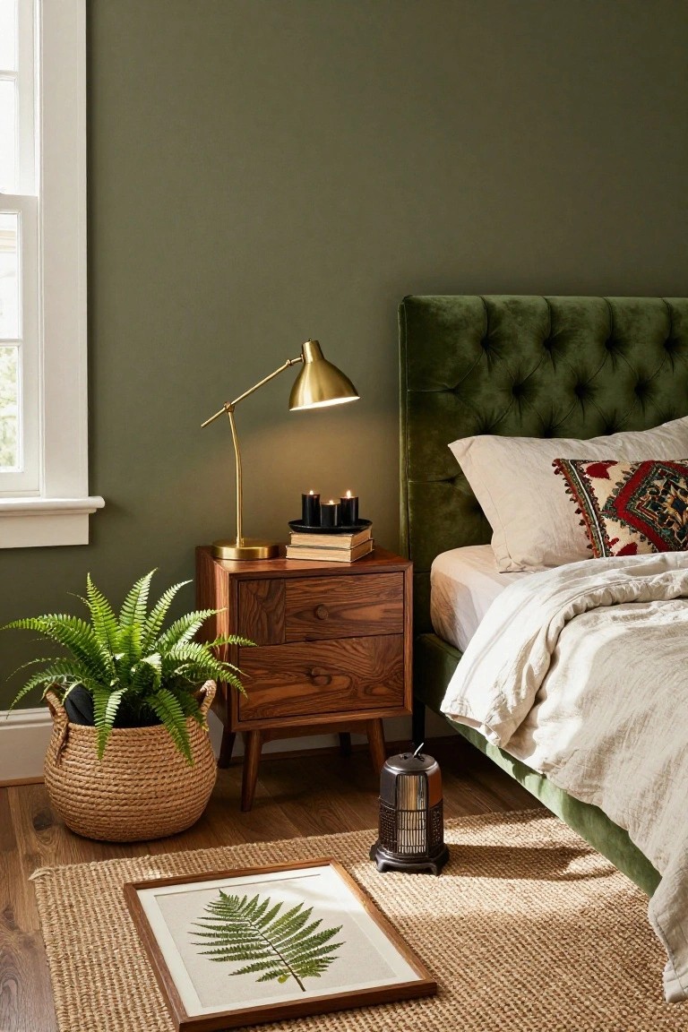 Bedroom with deep green walls, green velvet tufted headboard, wooden nightstand holding a gold lamp, candles, books, and potted fern plant, linen bedding, seagrass rug, and framed fern leaf artwork on the floor.