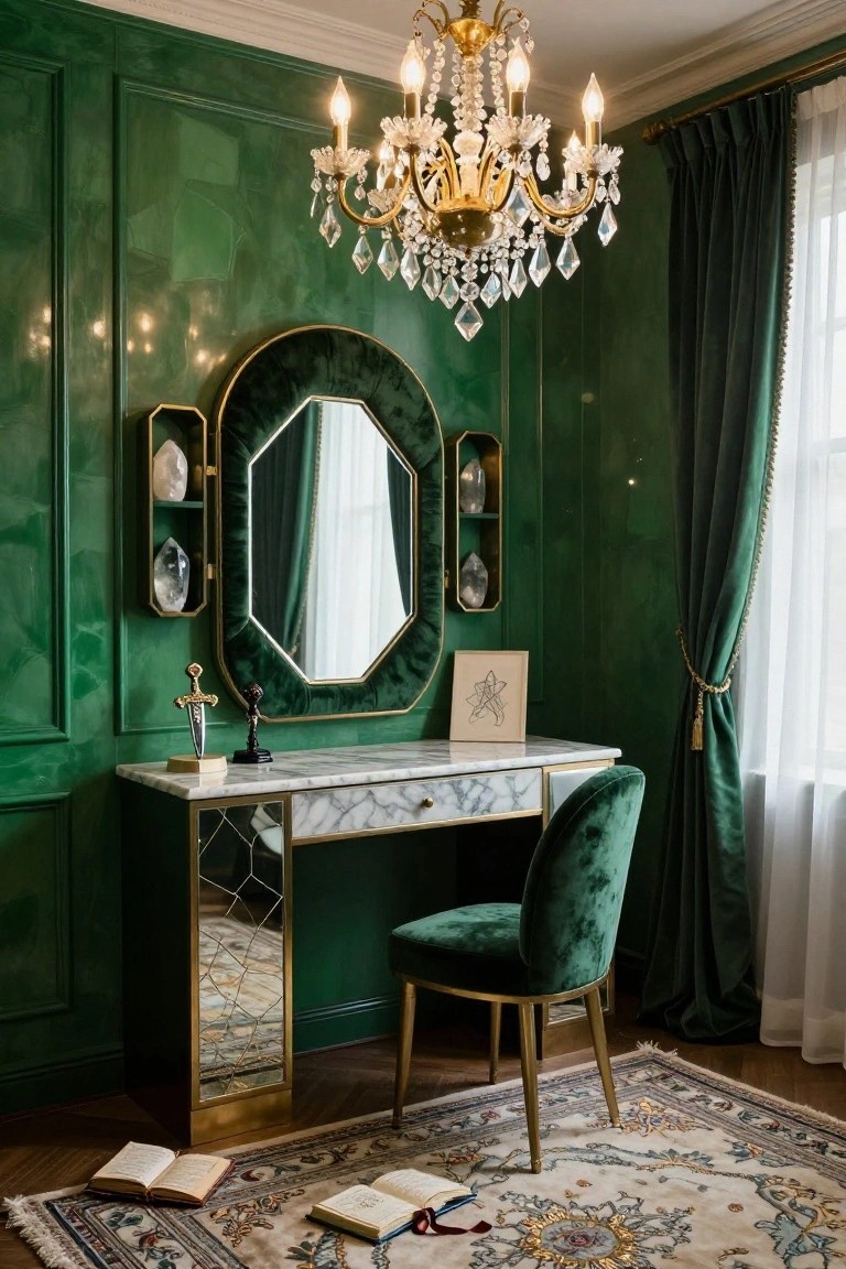 Emerald green paneled room with marble-topped vanity desk, oval mirror with shelves, green velvet chair, gold chandelier, sword decoration, and open books on a patterned rug.