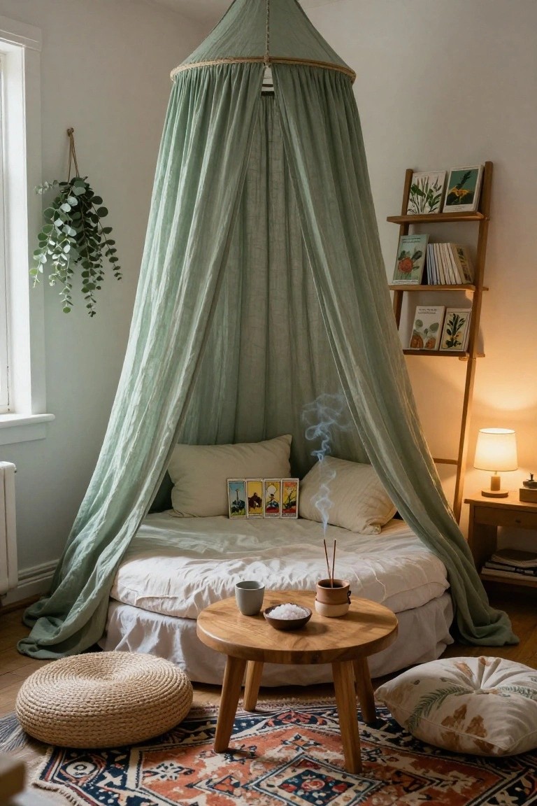 Bedroom with a round bed under a green sheer canopy, wooden low table holding incense sticks, cups, and tarot cards, hanging eucalyptus plant, bookshelf ladder with botanical prints, floor pouf, and patterned rug.
