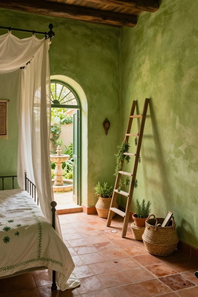 Green textured bedroom with canopy bed, leaning wooden ladder holding herb bundles and potted plants, open arched green door to courtyard fountain, terracotta tile floor.