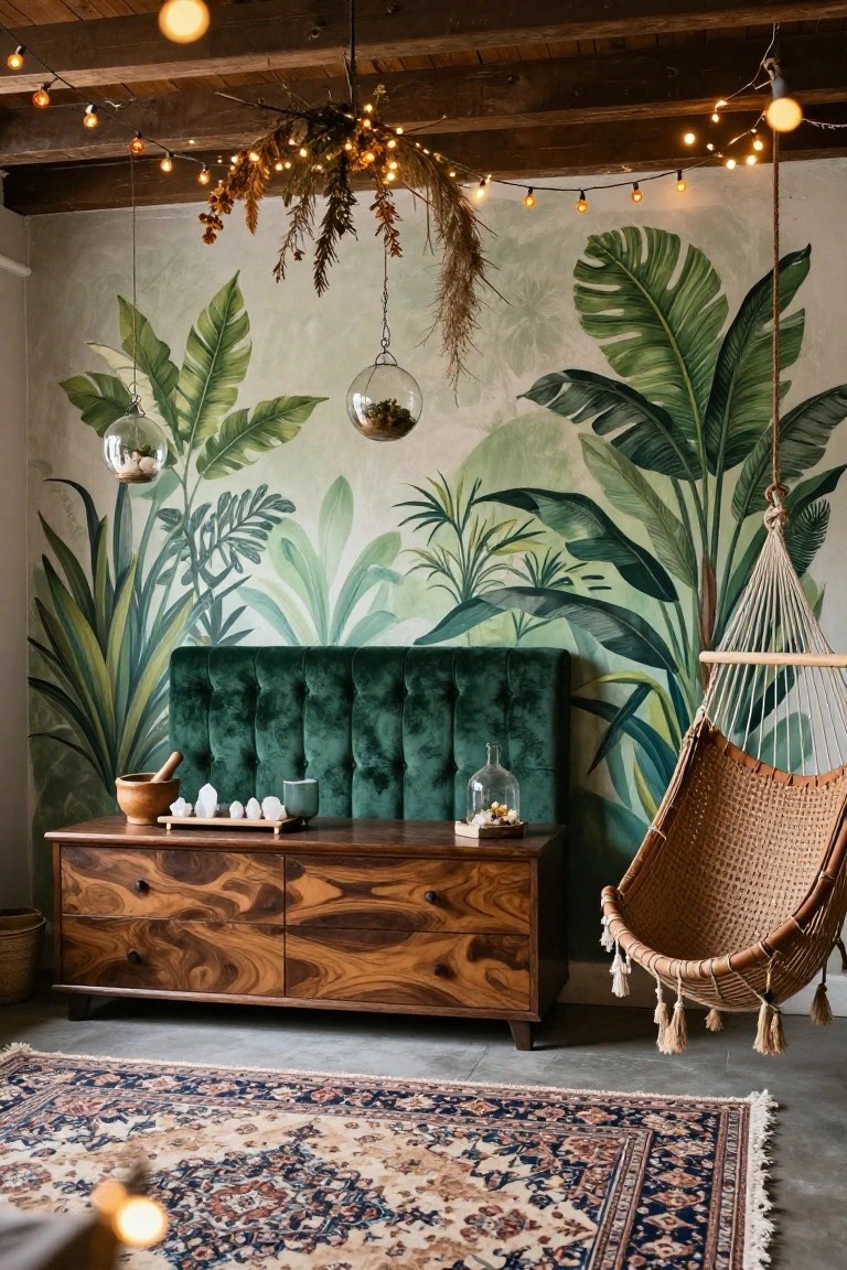 Bedroom corner with emerald green tufted velvet headboard against a painted mural wall of large tropical green leaves and plants, wooden low dresser with crystals and glass dome, hanging terrariums, woven hammock chair, string lights overhead, and patterned rug on wood-look floor.