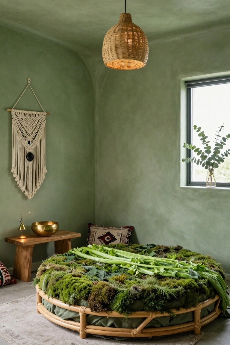 Round rattan bed frame topped with green moss, ferns, celery stalks, and other plants in a curved green-walled room with woven pendant light, macrame hanging, brass singing bowl, and eucalyptus in window.