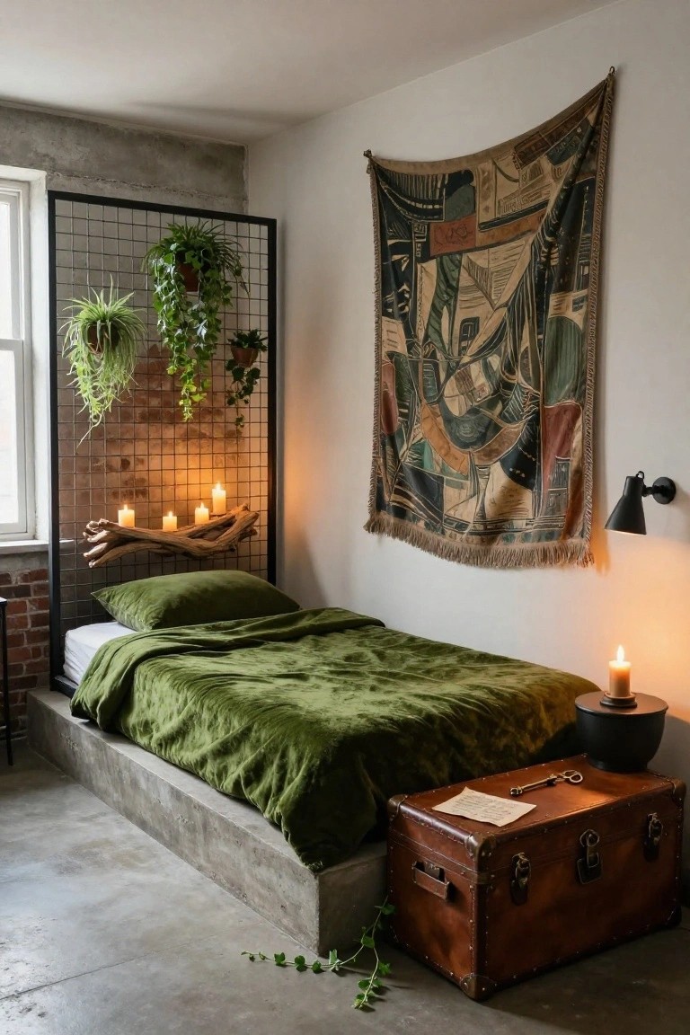 Bedroom interior with low concrete platform bed draped in green velvet bedding, black metal grid headboard filled with hanging potted plants including pothos, driftwood shelf holding candles attached to the grid, large abstract tapestry on white wall, black wall lamp, and brown leather trunk with key beside bed on concrete floor.