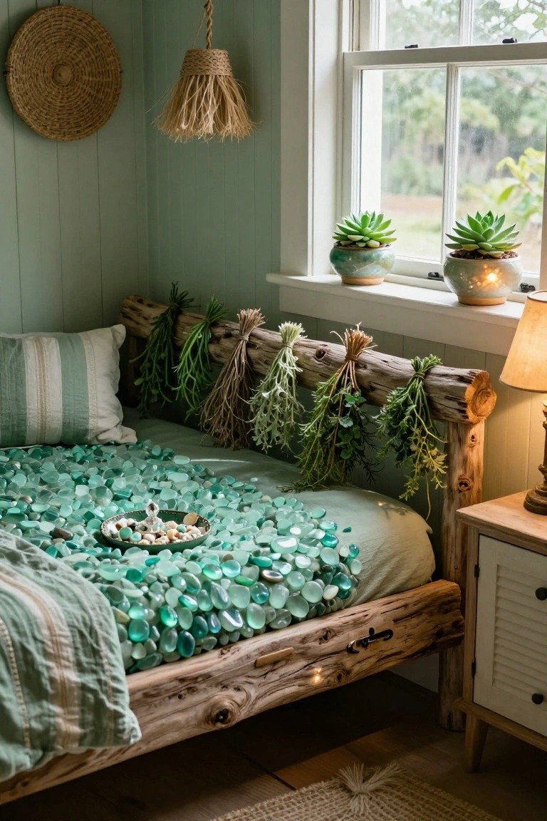 A bedroom with mint green walls, a daybed covered in green sea glass pebbles and a striped throw, driftwood headboard decorated with hanging herbs and plants, potted succulents on the windowsill, and woven wall hanging and lamp nearby.
