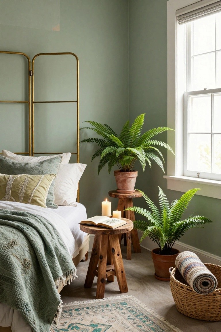 Bedroom corner with pale green walls, open gold metal headboard frame around a white bed topped with cream pillows and green throw, two Boston ferns in terracotta pots on wooden stool holding candles and open book, smaller fern in pot on floor, basket of rolled multicolored rug, and blue-green Persian rug.