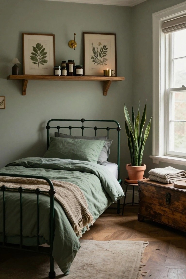 Corner bedroom featuring a green iron bed frame with sage green linens and throw, wooden shelf holding jars and botanical prints, tall snake plant in terracotta pot by window, beige rug on hardwood floor.