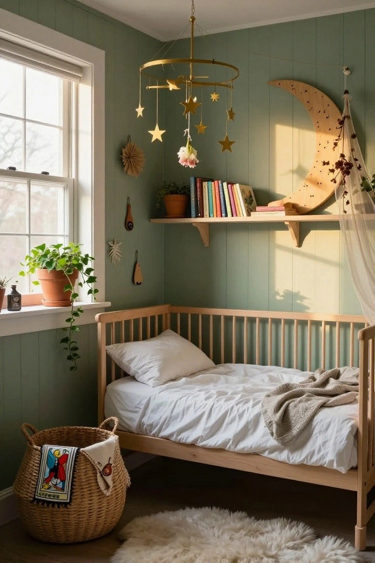A cozy child's bedroom with light sage green paneled walls, wooden crib with white bedding and knit throw, gold star mobile hanging from ceiling, large wooden crescent moon wall decor, potted plants, bookshelves, and wicker basket on sheepskin rug.