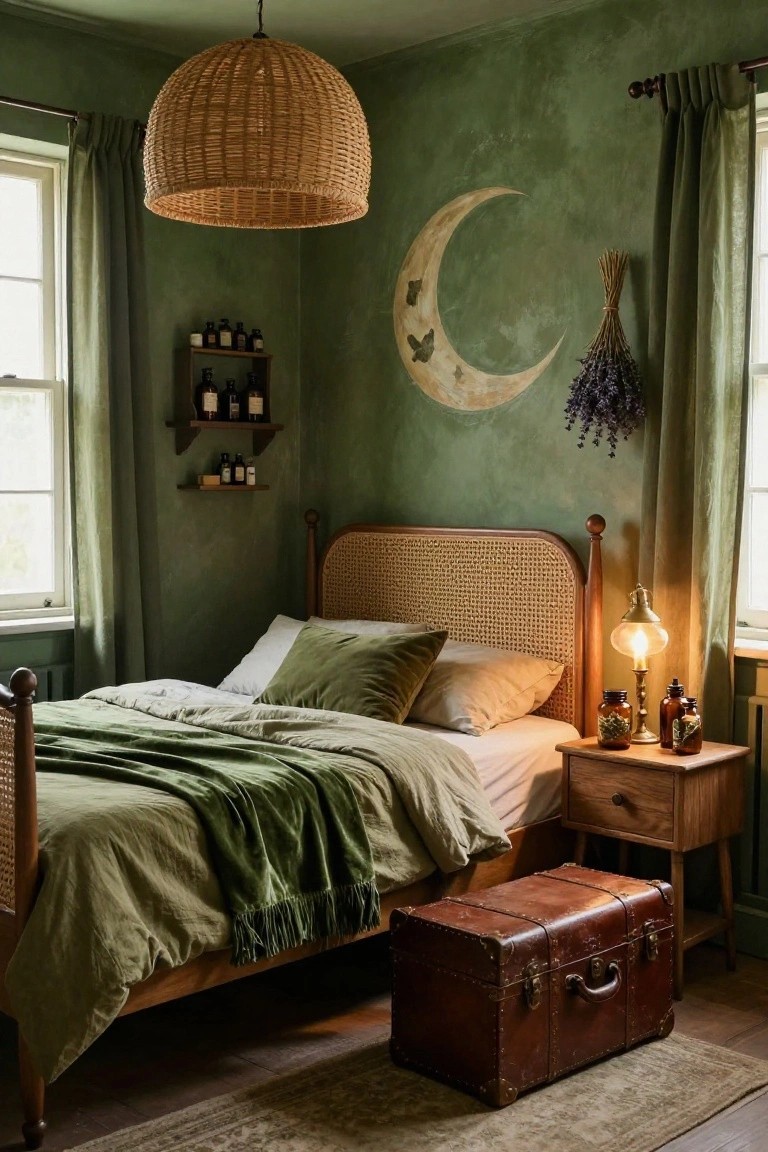 Bedroom with sage green textured walls, rattan bedframe and green bedding, large moon and butterfly mural, wall shelves holding glass bottles, wooden nightstand with lamp, and leather trunk on wood floor.
