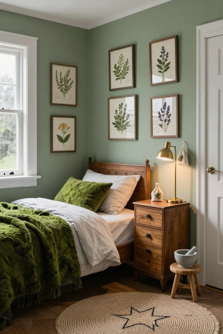 Corner of a sage green bedroom with wooden bed draped in green shag blanket and white sheets, nightstand holding brass lamp and mortar pestle on stool, multiple framed botanical herb prints on walls, window, door, and round jute rug on floor.