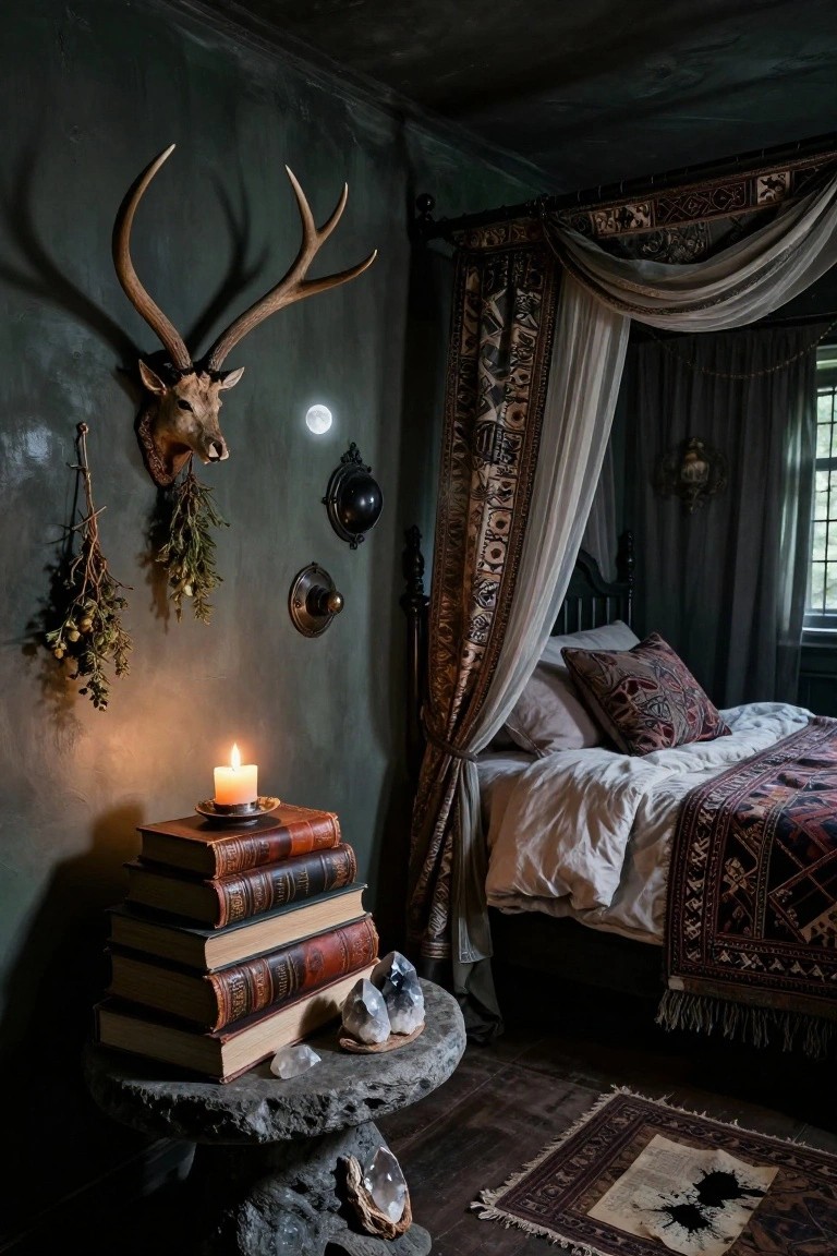 Dark green bedroom with mounted brass-finished deer head and antlers on the wall, hanging dried herbs, four-poster bed with patterned canopy and pillows, stone pedestal table holding stacked leather books, quartz crystals, and a lit candle beside the bed.