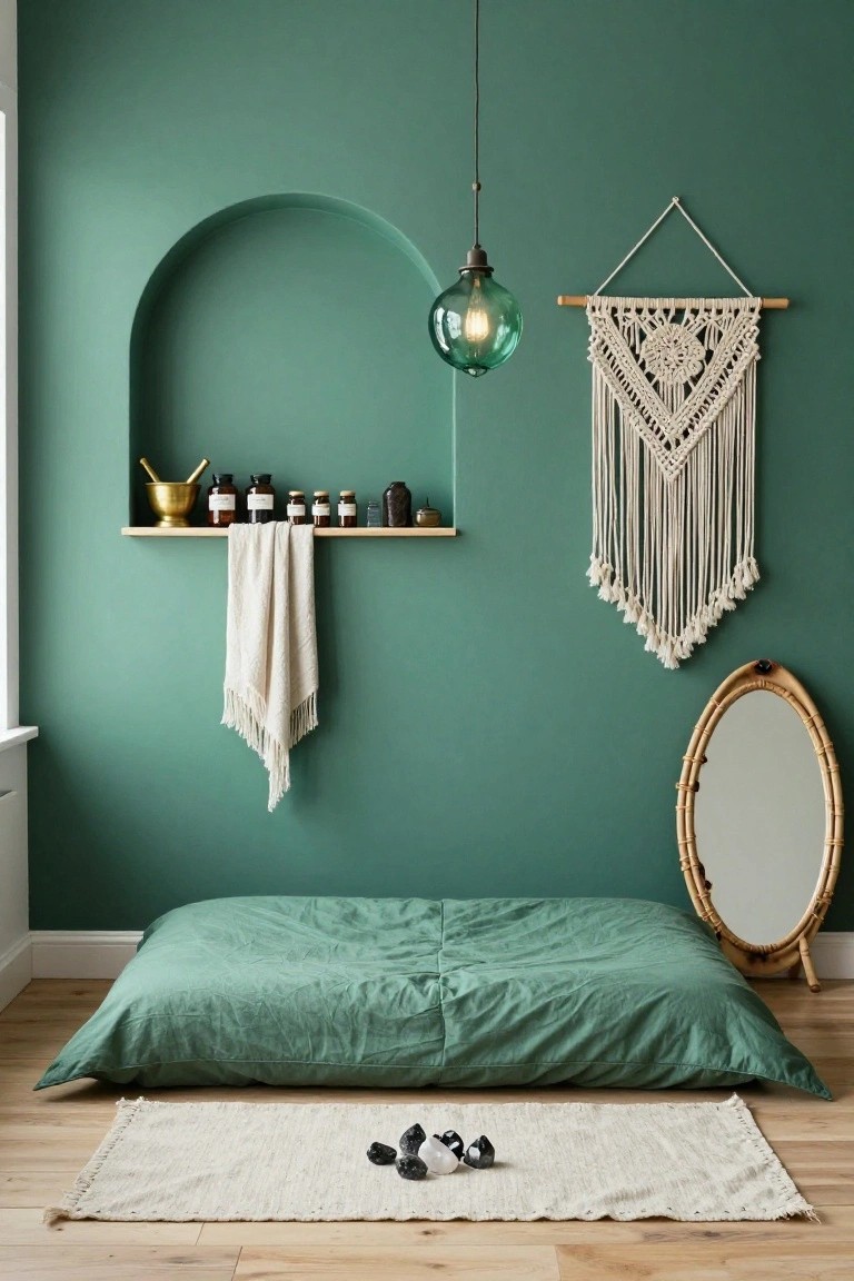 Teal green bedroom with arched wall niche shelf holding brass mortar, glass jars, and hanging white towel, macrame hanging, bamboo mirror, green floor-level futon bed, and black crystals on white rug.