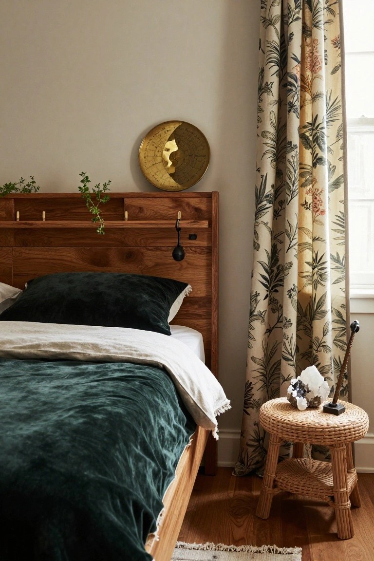 Bedroom interior with a wooden headboard featuring shelves holding plants and hooks, green velvet bedding and pillows on the bed, botanical print curtains on the window, gold circular wall decor, rattan stool with crystal and lamp beside the bed, and hardwood floors.