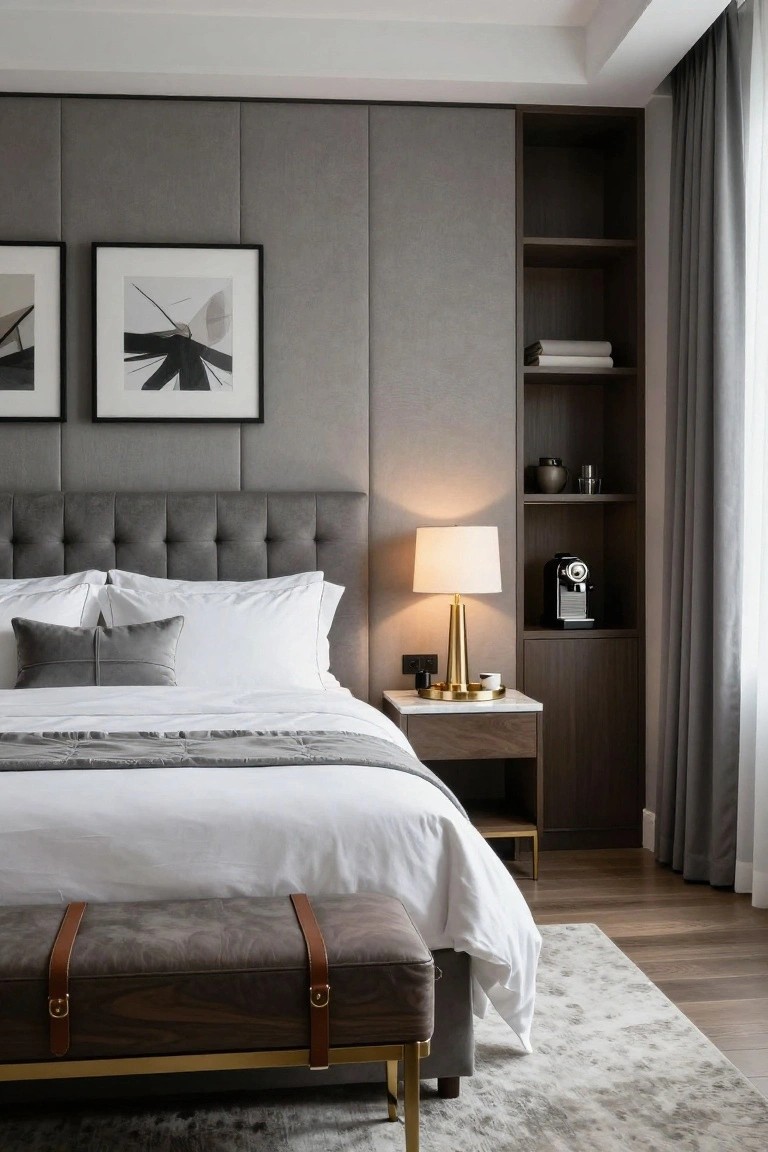 Modern bedroom with gray tufted upholstered headboard and wall panels, white bedding, brass lamp on nightstand, built-in wood cabinet containing black coffee machine and shelves, and leather bench at foot of bed on wood floor.