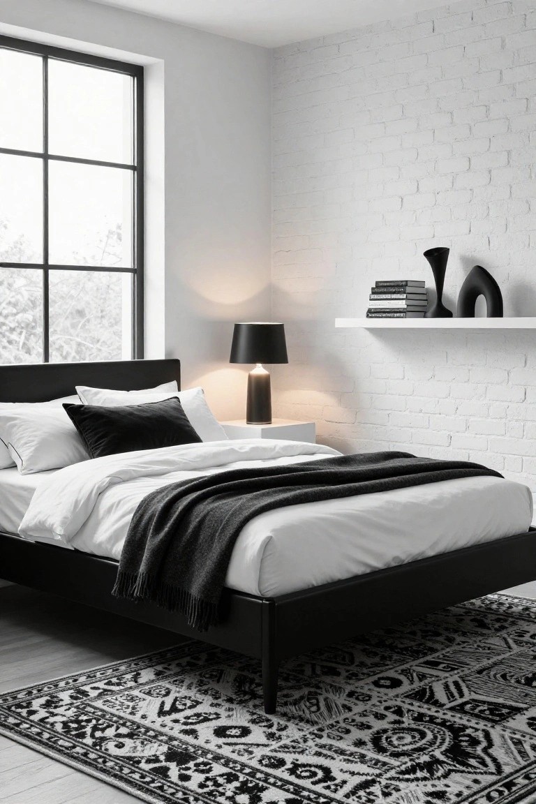 Black upholstered platform bed with white sheets, black velvet pillow, and gray wool throw draped over it in a corner bedroom with white brick wall, black lamp on white nightstand, floating shelf holding books and black vases, large black-framed window, and black and white patterned rug on light wood floor.