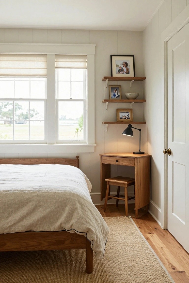 Bright white bedroom corner featuring a wooden desk with drawer, matching stool, black adjustable lamp, and floating wooden shelves holding framed photos, a bowl, and small frames, next to a low wooden bed with white linens and large windows showing outdoor views.