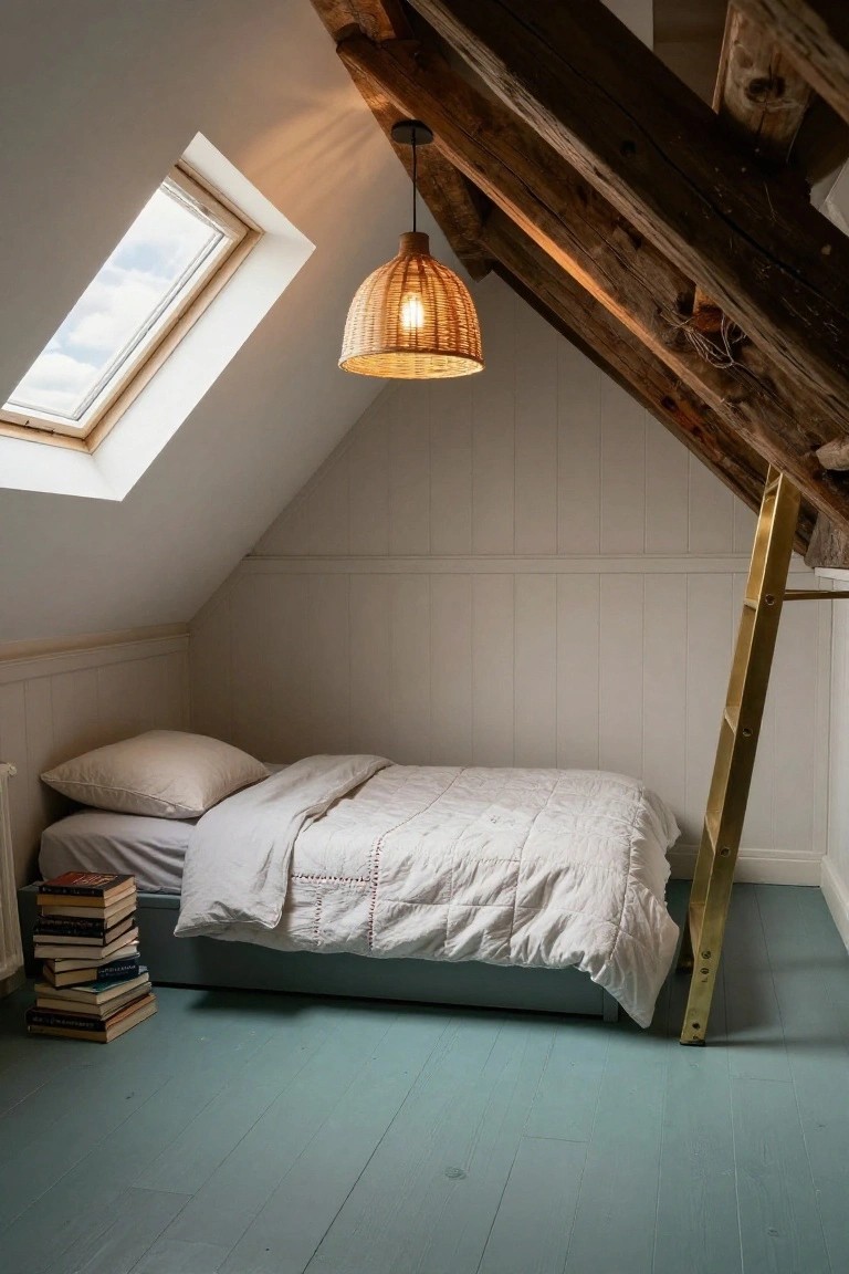 Small attic bedroom featuring sloped white paneled ceilings, a single bed with light gray sheets and white quilt, stack of books on the floor nearby, gold ladder against the wall, rattan pendant lamp, skylight, and teal painted wood floor.