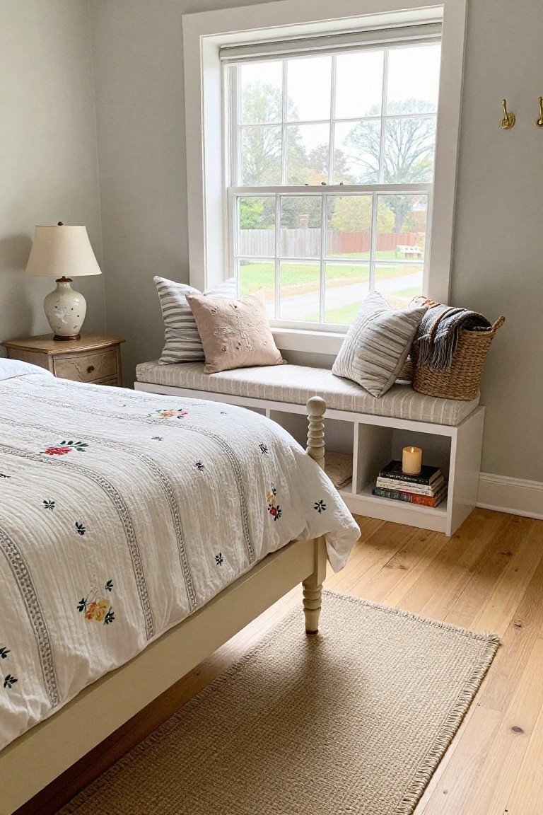 Light gray bedroom with white bed draped in embroidered quilt, built-in white window bench holding beige cushions and pillows, wicker basket with throw, nightstand with ceramic lamp, books and candle in bench cubbies, hardwood floors, and large window showing yard view.