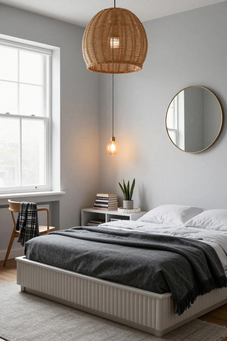 Light gray bedroom with white fluted platform bed under gray throw blanket, wicker pendant light, gold round mirror on wall, wooden desk with plaid blanket, snake plant, and books on white shelf beside window.
