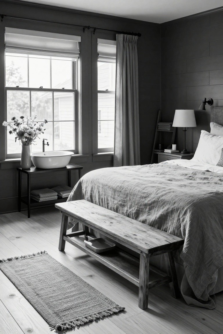 Black and white photo of a bedroom with dark paneled walls, a bed draped in light gray linens, a wooden bench at the foot of the bed, a small sink on a table by the window with flowers, and a lamp on the nightstand.