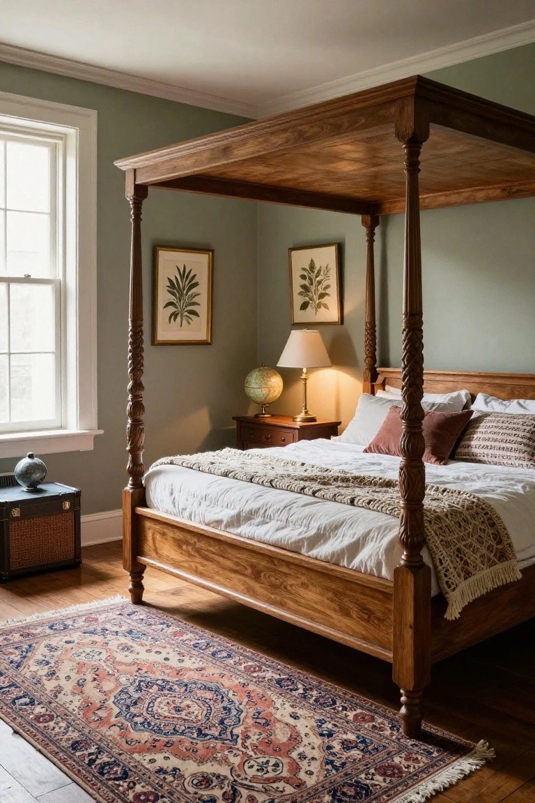 Sage green bedroom with wooden four-poster bed draped in white sheets and textured throws, nightstands holding lamps and a globe, botanical prints on walls, vintage suitcase, and patterned rug on wood floors.