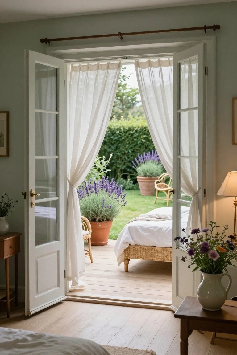 Bedroom with open French doors covered in sheer white curtains, showing a garden patio with lavender in terracotta pots, wicker chairs, a white bed, and wooden furniture.