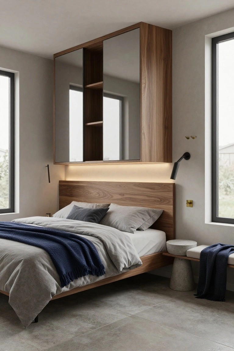 Modern bedroom with tall wooden wardrobe featuring mirrored panels above a low wooden bed frame, integrated LED lighting strip, neutral gray bedding, and concrete floors.