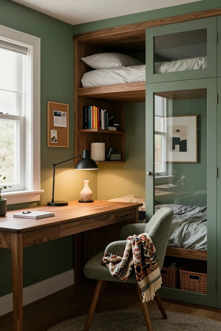 Green-painted corner of a bedroom with built-in wooden cabinets enclosing a lofted bed above glass doors, walnut desk and green chair below, desk lamp, bookshelves, and potted plant by the window.