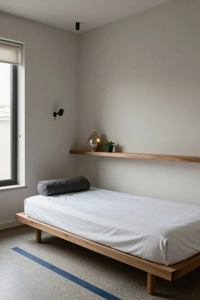 A minimalist bedroom with a low wooden platform bed covered in white sheets and topped with a gray bolster pillow, next to a wall-mounted black lamp and floating wooden shelves holding a metallic vase and small potted plant, beside a window with roller shade on a concrete floor.