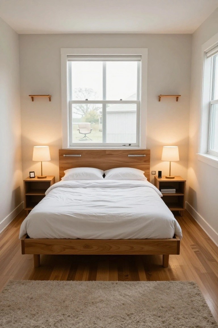 Small bedroom with light gray walls, low wooden platform bed with white bedding and pillows, matching wooden nightstands with lamps, large window with blinds, hardwood floors, and beige area rug.