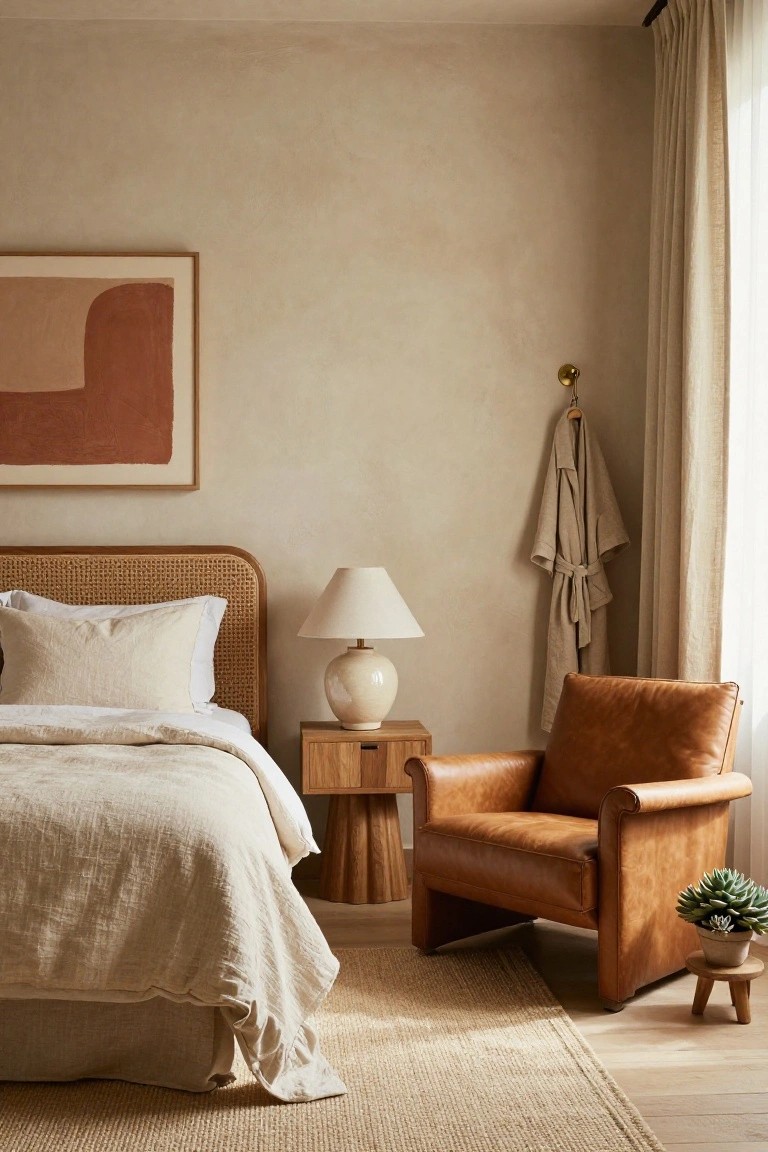 Bedroom corner with textured beige walls, abstract geometric artwork, rattan headboard bed dressed in white linen bedding, wooden nightstand topped with ceramic lamp, brown leather armchair, small potted succulent on wooden stool, and beige linen robe hanging on wall hook.
