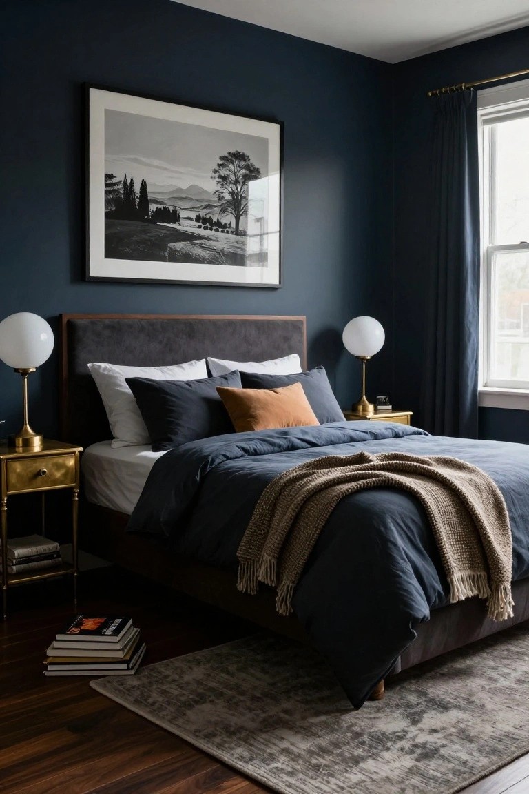 Bedroom interior with dark navy walls, large framed black-and-white landscape photo, dark upholstered bed headboard, white sheets under navy duvet with rust pillows and knit throw, brass nightstands with white globe lamps, books on shelves, hardwood floor and gray rug.