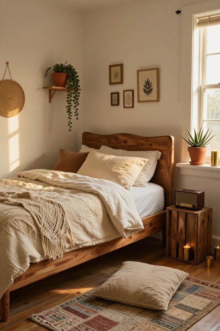 A sunlit bedroom with low wooden bed frame, beige textured bedding and pillows, potted plants on shelves and windowsill, woven wall decor, framed botanical prints, candles, and a small radio on a crate nightstand.