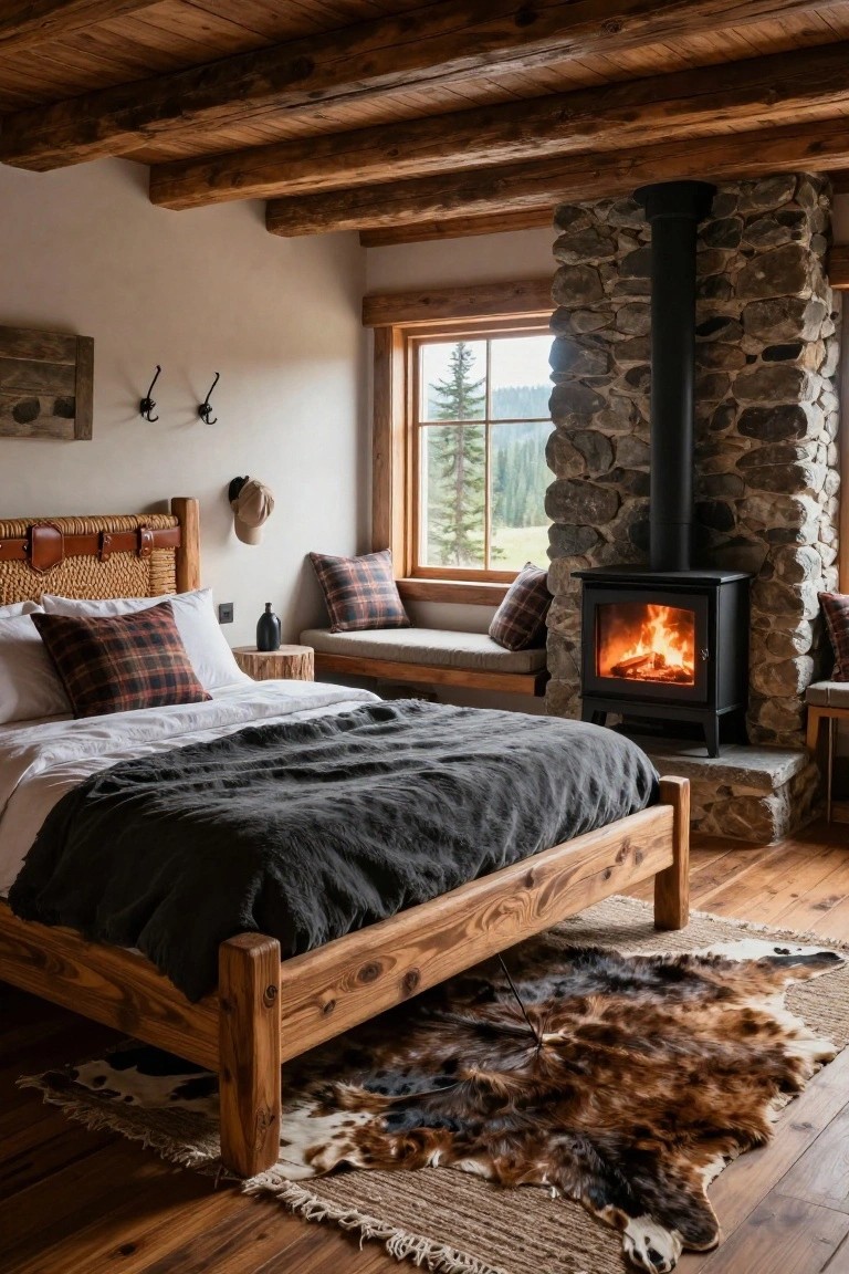 A rustic bedroom interior featuring a wooden bed with gray bedding, plaid pillows, a stone chimney with black wood-burning stove, wooden beams on the ceiling, and a window with mountain view.