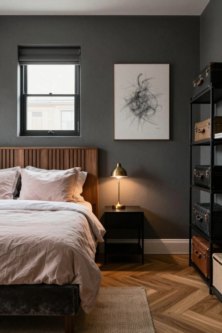 Bedroom with charcoal gray walls, slatted wood headboard bed draped in blush pink linens, brass lamp on black nightstand, black metal shelving stacked with leather suitcases, abstract line drawing artwork, gray roller blind on window, and herringbone parquet wood flooring.