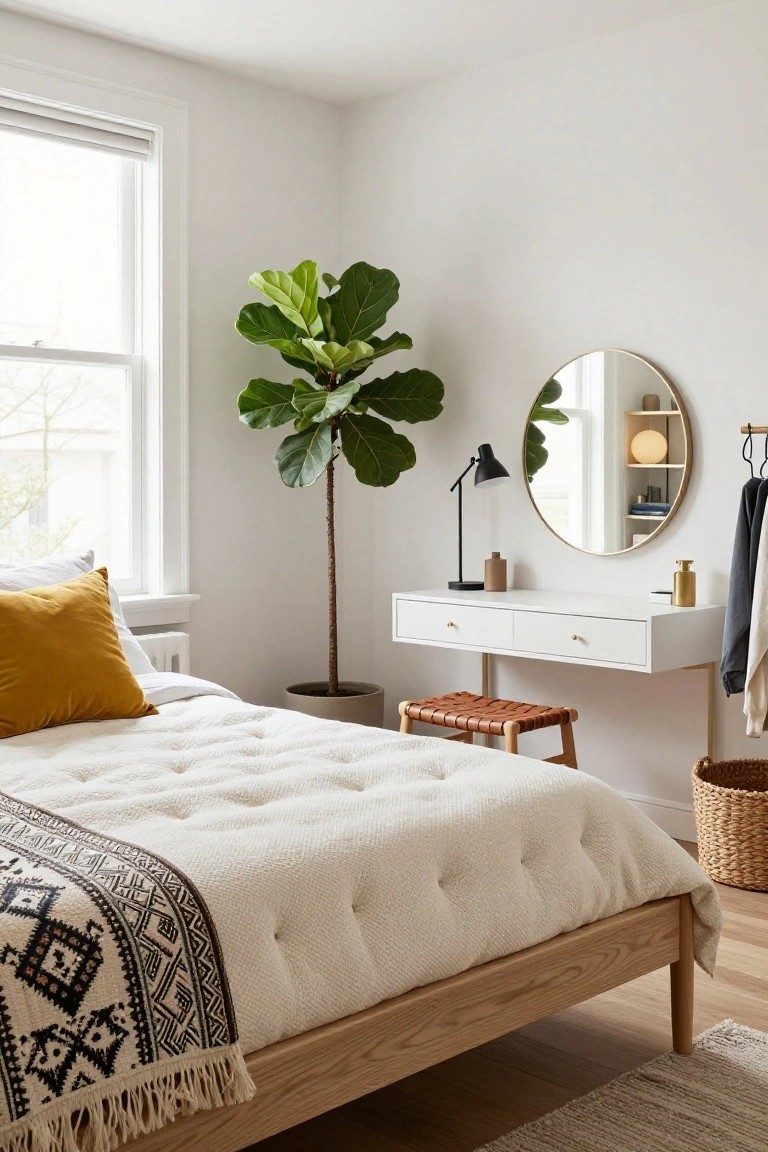 Bedroom corner with tall fiddle leaf fig plant by window, white floating vanity with round gold mirror and black lamp, leather stool, oak bed frame with white tufted bedding and mustard pillow, white walls, wood floor.