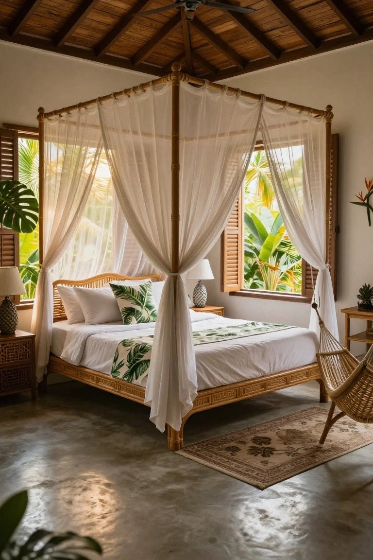 A bedroom with a bamboo four-poster bed draped in sheer white canopy curtains, green leaf-patterned bedding and pillows, side tables with lamps, potted plants, and large louvered windows showing tropical palms and greenery outside.