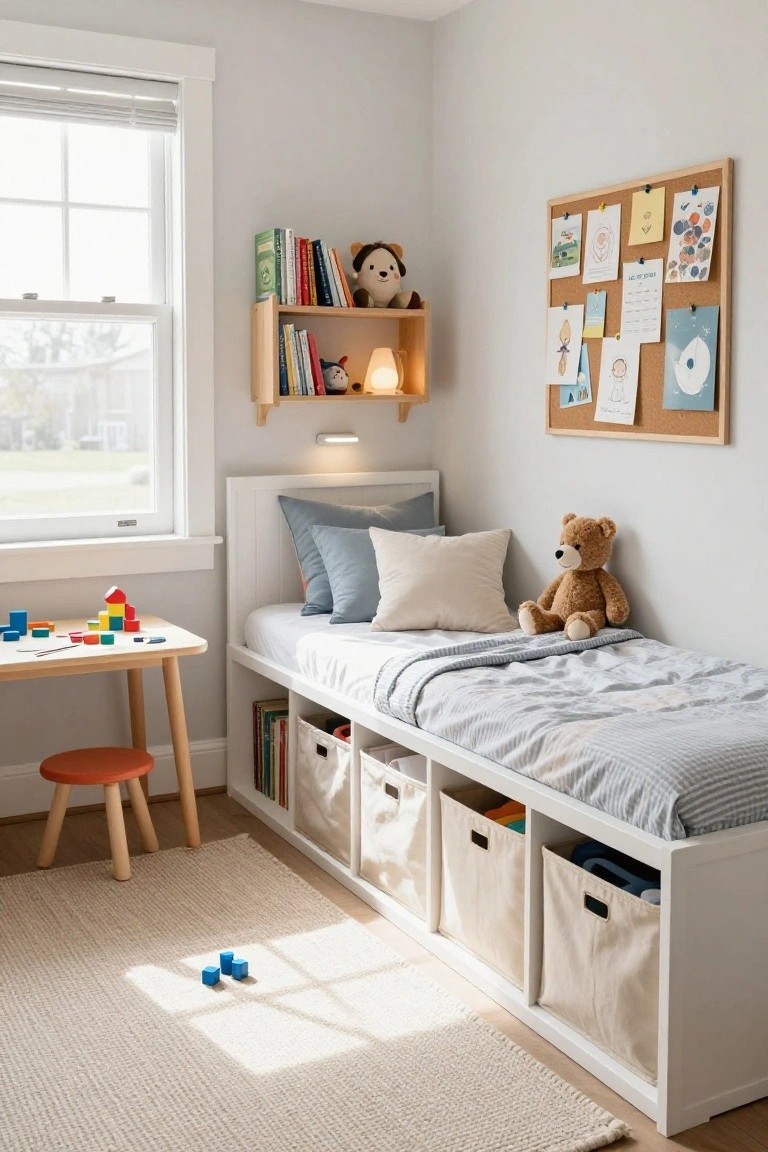 A small white bed frame with under-bed fabric storage bins containing toys and books, next to a wooden desk with colorful building blocks, in a light gray child's bedroom with shelves and stuffed animals.