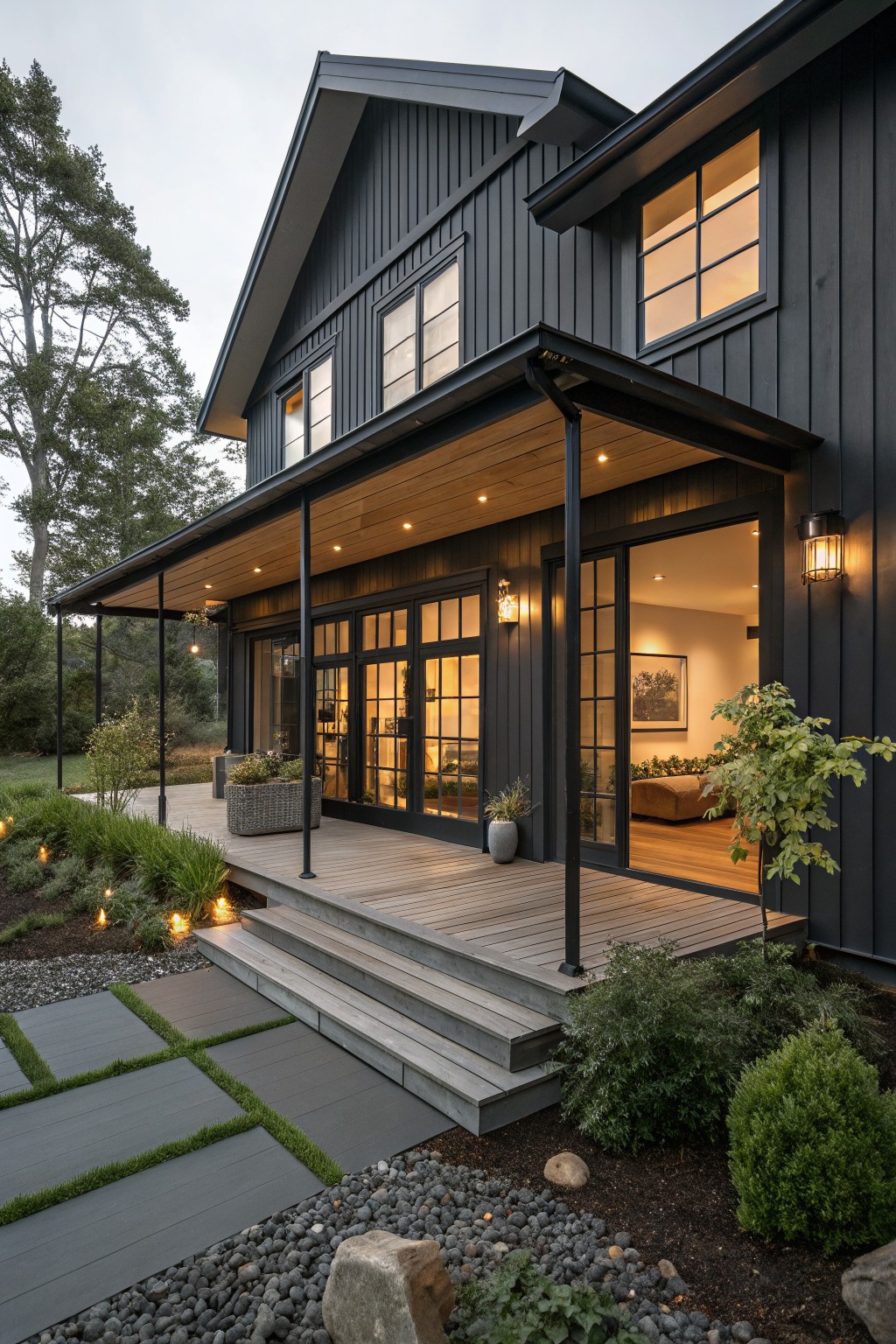 Side exterior view of a two-story black board-and-batten farmhouse with gabled roof, covered porch supported by metal posts, wooden deck stairs leading to gravel path, sliding glass doors, wall lanterns, potted plants, and surrounding trees and shrubs.