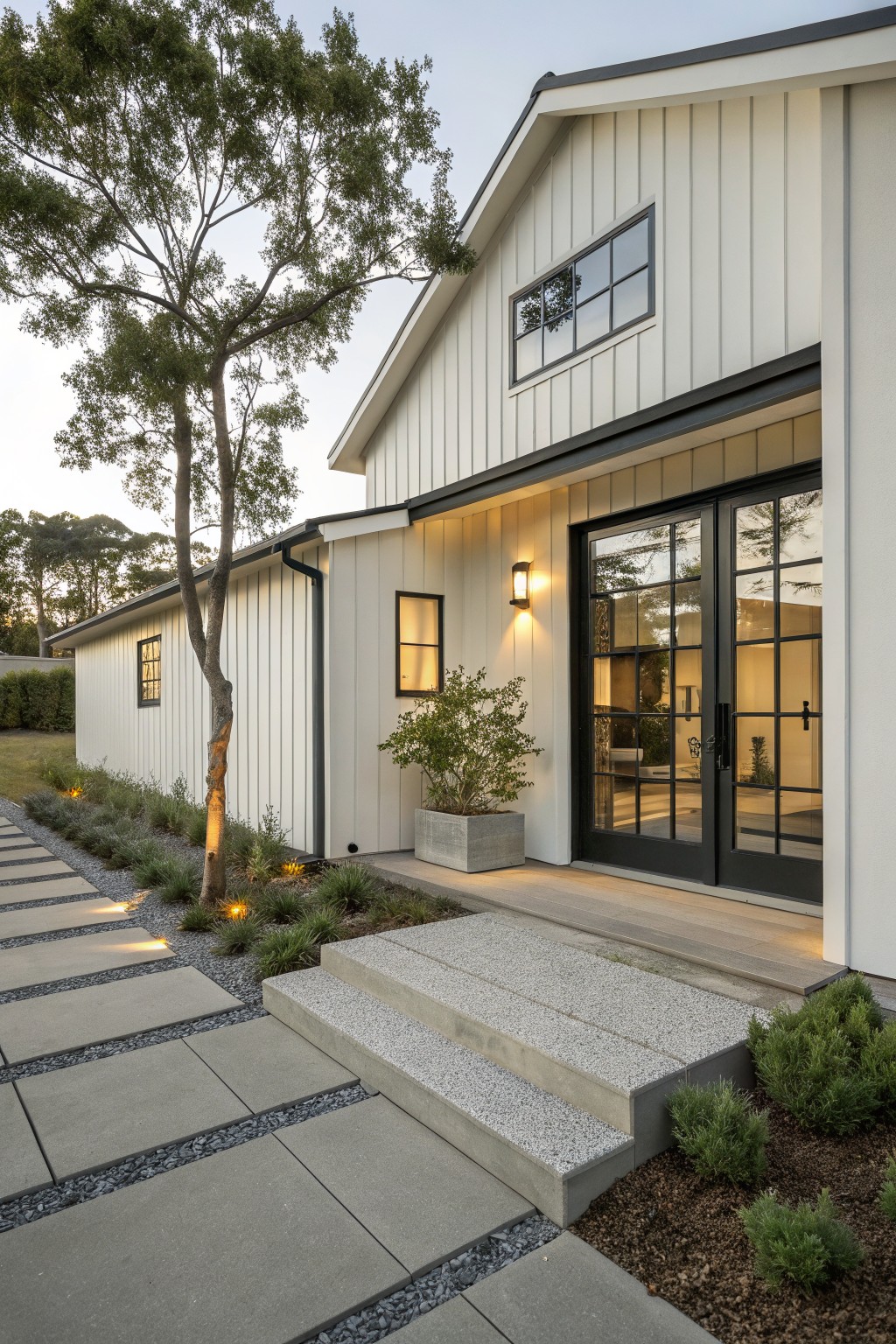 Side exterior of a white vertical board-and-batten house featuring black metal-framed glass double doors under an overhang, with concrete steps, a paver pathway lined by grasses and shrubs, and trees nearby at dusk.