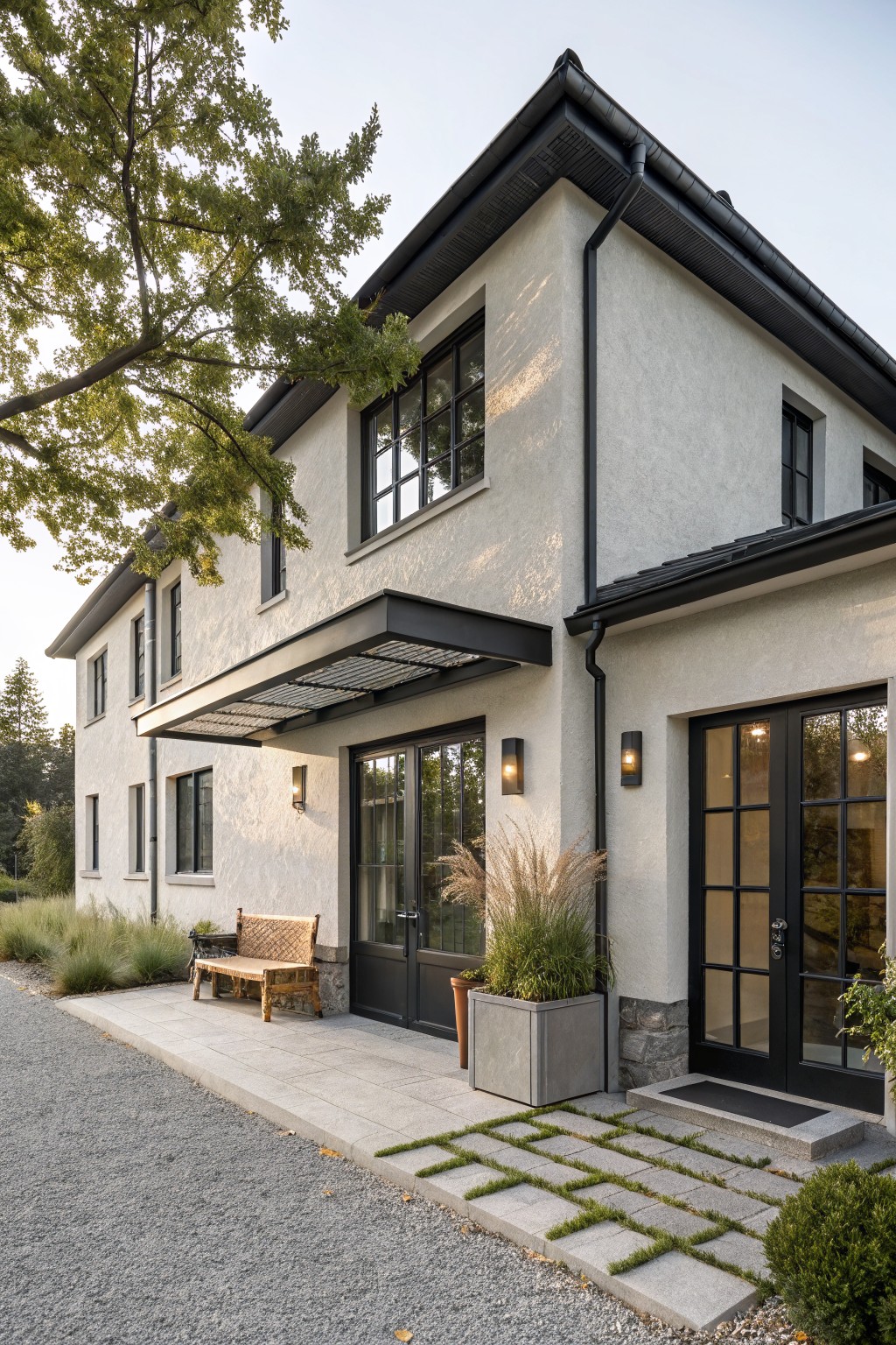 Corner exterior of a light beige stucco house with black metal grated awning over black-framed glass entry doors, rattan bench on porch, potted grasses, wall lights, gravel driveway, and stone pavers with grass joints leading to the door.