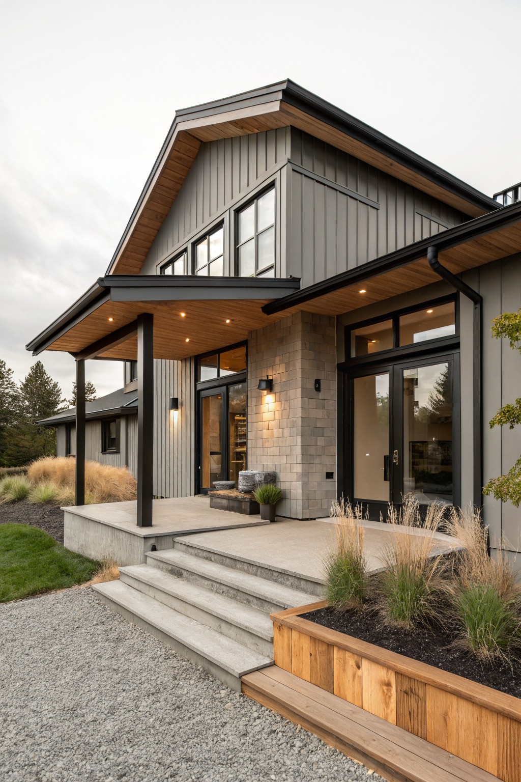 Two-story modern house exterior with dark gray vertical siding, gabled roof, covered entry porch featuring exposed wooden ceiling and black posts, stone pillar beside glass doors, concrete steps, gravel path, and grasses.