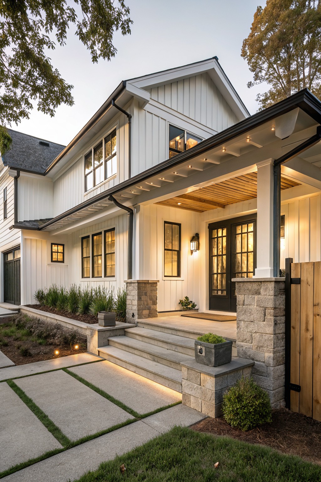 White board-and-batten sided two-story house exterior with covered front porch, tall stone pillars, black double front doors, large windows, attached garage, concrete entry path with grass strips, and low landscaping at evening.
