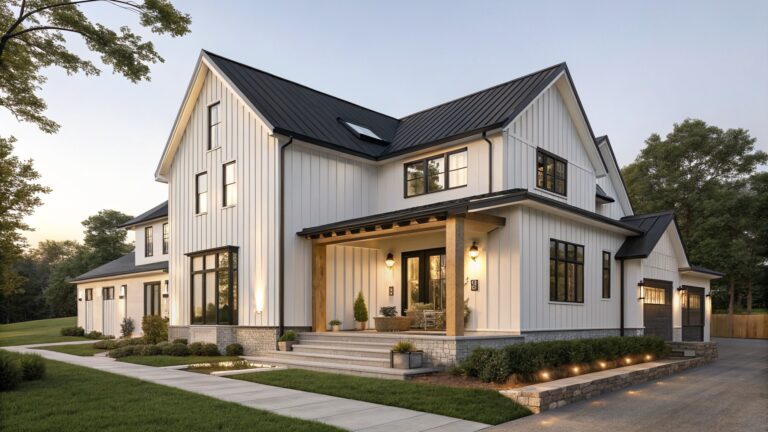 23 Japandi Modern Farmhouse Exteriors With Minimalist Appeal Side exterior view of a two-story modern farmhouse with white vertical siding, black metal roof, covered porch featuring wood plank ceiling and black metal posts, stone base, glass entry doors, pathway, landscaping, and landscape lighting at dusk.