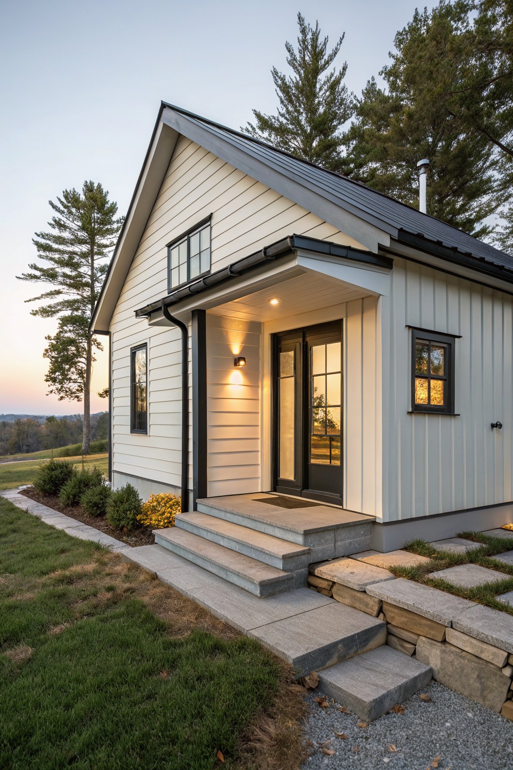 Side view of a small modern farmhouse with white vertical siding, black metal roof, covered entry porch featuring a black glass-paneled door, wall-mounted lights, concrete steps, and minimal landscaping with grass and shrubs at dusk.