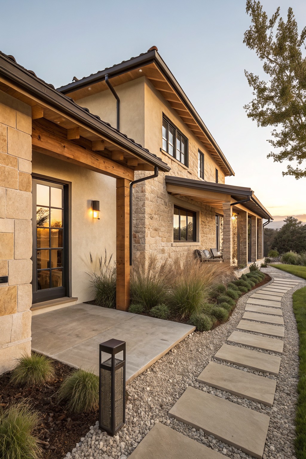 Exterior side view of a modern house with beige stacked stone lower walls, tan stucco upper siding, exposed dark wood beams on covered porch roofline, black-framed windows, bench swing on porch, concrete entry landing, stone paver path through gravel with ornamental grasses and path lights, trees and hills in background at dusk.