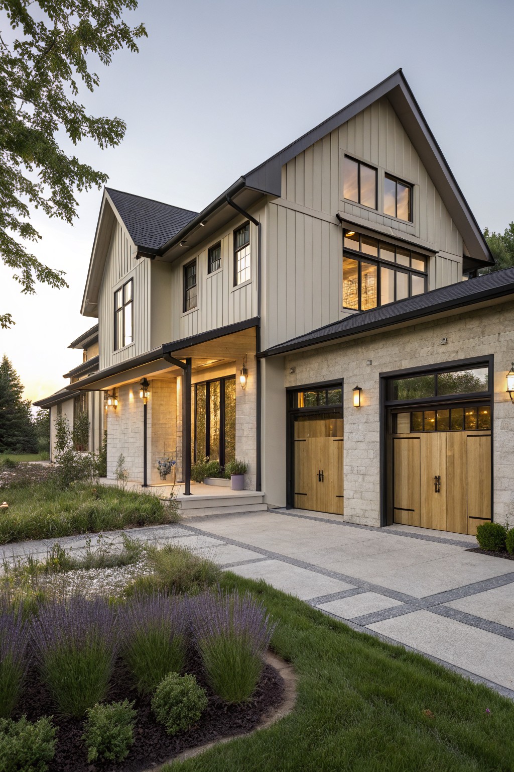 Modern two-story home with stone siding, wooden garage doors, and landscaped front yard.
