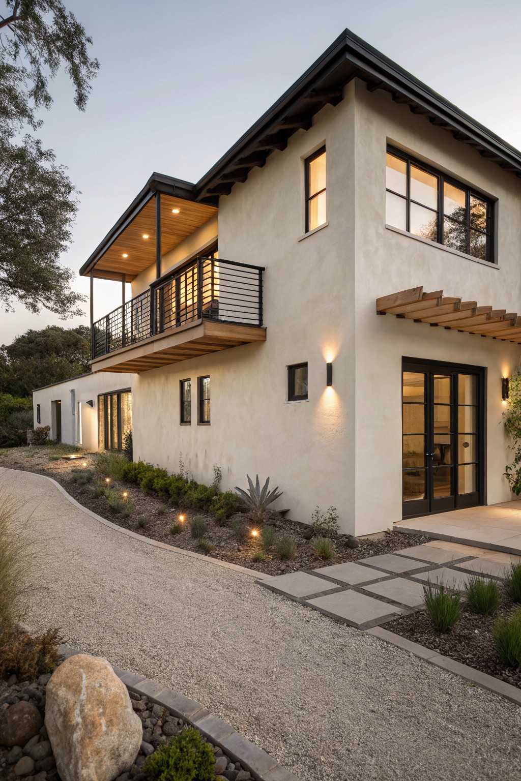 Corner view of a two-story beige stucco house at dusk with black-framed windows and doors, a cantilevered wooden balcony, gravel driveway edged by plants and path lights, and large boulders nearby.