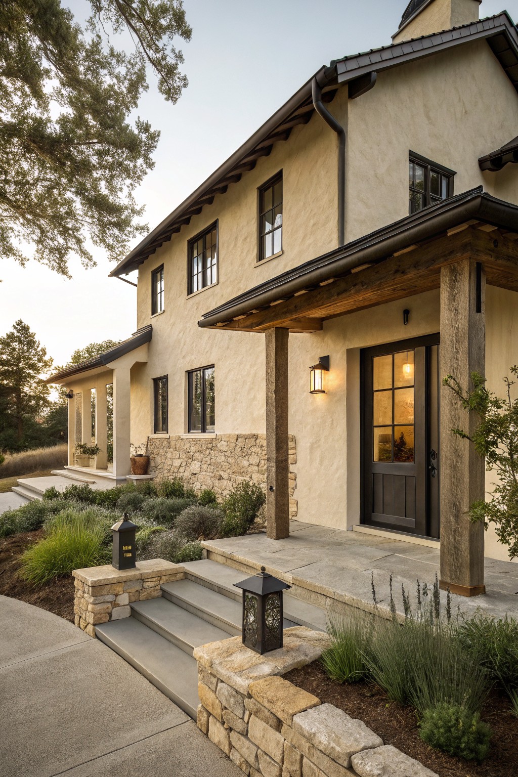 Beige stucco house exterior featuring a covered entry porch with tall timber posts, stone steps, dark wood door with glass panels, lanterns, and surrounding drought-tolerant plants and gravel path.